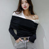 KOREAN COLLECTION 2505 衬衫领假两件露肩长袖
