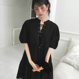 KOREAN COLLECTION 2505 交叉系带泡泡袖连衣裙 黑