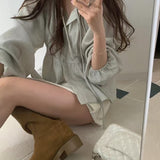 KOREAN COLLECTION 2505 褶皱收腰系扣设计感衬衫 薄荷绿