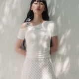HIGH SCHOOL DISCO 2603 Check Strap Off-Shoulder Short Sleeve