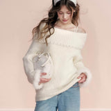 Kroche 2602 手工珍珠宽松一字肩针织毛衣