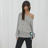 FANCY CLUB 2603 Drawing Stripe Off-Shoulder GRAY