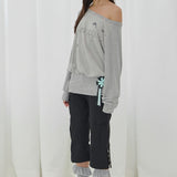 FANCY CLUB 2603 Drawing Stripe Off-Shoulder GRAY