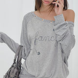 FANCY CLUB 2603 Drawing Stripe Off-Shoulder GRAY