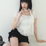 ILLIGO 2603 Ribbon Tie Square Neck Blouse White Dot