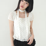 ILLIGO 2603 Ribbon Tie Square Neck Blouse White Dot