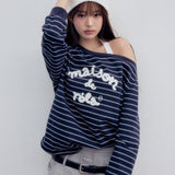 ROLAROLA 2603 MAISON DE ROLA EMBROIDERY OFF SHOULDER STRIPE SWEATSHIRT