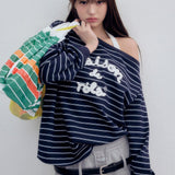 ROLAROLA 2603 MAISON DE ROLA EMBROIDERY OFF SHOULDER STRIPE SWEATSHIRT