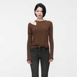 YUSE 2411 One Shoulder Layer Top (Brown)