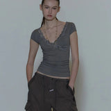SCULPTOR 2602 Lace Trim Wrap Tee Charcoal