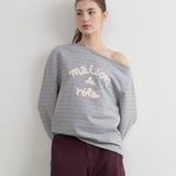 ROLAROLA 2603 MAISON DE ROLA EMBROIDERY OFF SHOULDER STRIPE SWEATSHIRT GRAY
