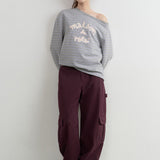 ROLAROLA 2603 MAISON DE ROLA EMBROIDERY OFF SHOULDER STRIPE SWEATSHIRT GRAY