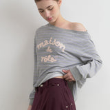 ROLAROLA 2603 MAISON DE ROLA EMBROIDERY OFF SHOULDER STRIPE SWEATSHIRT GRAY