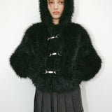 YUSE SS2312 DETACHABLE HOODIE FUR SHORT JACKET - BLACK