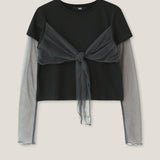 YUSE 2404 MESH RIBBON LAYERED T-SHIRT  BLACK/CHARCOAL