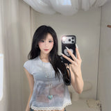 SCULPTOR 2603 Lace Crop Baby Tee Nude Blue