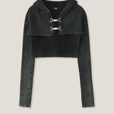 YUSE 2404 DENIM WASHING HOODIE BOLERO KNIT TOP - BLACK