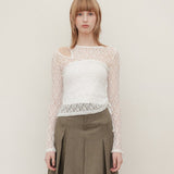 YUSE 2404 CUT OUT LACE SHIRRING TOP - WHITE