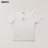 SMFK 2604 十字印章醋酸紧身运动TEE 雪山白