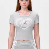 13DE MARZO | 2505 Bear Lacy Bowknot Top Grey