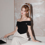 OZLANA SS2305 Off shoulder Bow Knit Dress Black+Cream