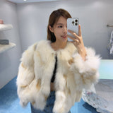 OZLANA SS2309 Spotlight Round Neck Fox Fur Jacket Cream White