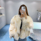 OZLANA SS2309 Spotlight Round Neck Fox Fur Jacket Cream White