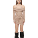 OZLANA SS2310 Off Shoulder Strap Glitz Knit Dress