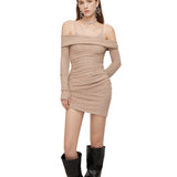 OZLANA SS2310 Off Shoulder Strap Glitz Knit Dress