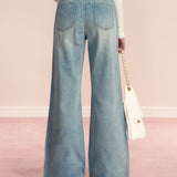 Kroche 2602 重工烫钻内里抓绒宽松直筒牛仔裤