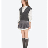 13DE MARZO | 2604 Faux Rhinestones Double-Layer Pleated Skirt Grey