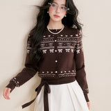 Kroche 2512 费尔岛纯手绘撞色提花毛衣开衫 巧克力棕