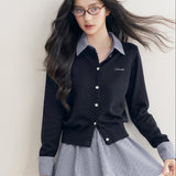 Kroche 2512 羊毛混纺 格纹翻领拼接假两件针织开衫