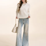 Kroche 2512  手工钉五瓣花亮片加绒微喇牛仔裤