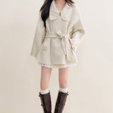 Kroche 2512  70羊毛立领双面呢香草白宽松大衣外套