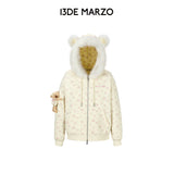13DE MARZO | 2610 Floral Print Hoodie with Fur Collar Beige