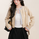 Kroche 2512 羊毛混纺撞色假两件拼接短款针织开衫