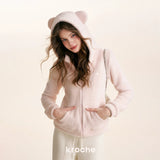 Kroche 2602 小熊耳朵连帽修身毛绒卫衣外套 柔雾粉