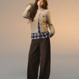 SOMESOWE 2512 假两件格纹拼接绞花开衫 杏