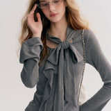 Kroche 2511 设计感飘带蝴蝶结V领长袖修身T恤 灰