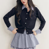 Kroche 2512 羊毛混纺 格纹翻领拼接假两件针织开衫