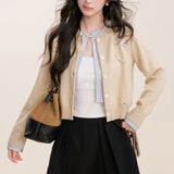 Kroche 2512 羊毛混纺撞色假两件拼接短款针织开衫