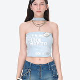 13DE MARZO | 2602 Silver Foil Chain Print Bustier Top Blue