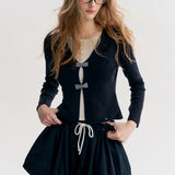 Kroche 2511 格纹蝴蝶结假两件 海军领针织衫上衣