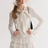 Kroche 2511 设计感飘带蝴蝶结V领长袖修身T恤 白