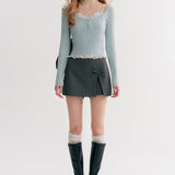 Kroche 2511 打揽格纹蕾丝花边假两件绞花针织衫 蓝