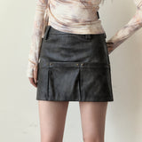 VIA PITTI 2602 设计感多口袋皮半身裙 深棕带内衬