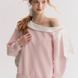 Kroche 2511 撞色棉布蕾丝翻领斜肩卫衣 浅粉