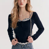 Kroche 2511 打揽格纹蕾丝花边假两件绞花针织衫 藏青