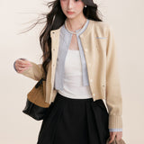 Kroche 2512 羊毛混纺撞色假两件拼接短款针织开衫